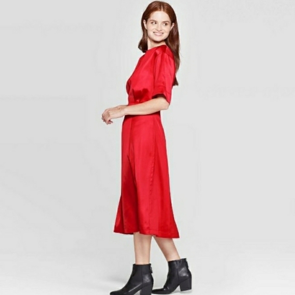 * PROLOGUE BOAT NECK SATIN SHORT SLEEVE MIDI DRESS RED - Picture 2 of 4